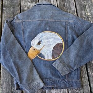 Vintage Roebucks Denim Jean Jacket‎ Sanfordized Painted Eagle Rainbow READ